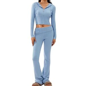 Cozy Knit Set Crop Hoodie Jacket and Matching Pants with Silver Buckle in Blue